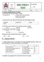 Mid-term 3 English test for Tunsian seventh graders