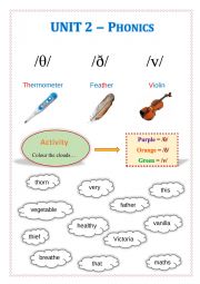 Phonics worksheet for /θ/, /ð/, /v/ sounds.
