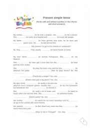 English Worksheet: Present simple (verbs with and without auxiliary in the 3 forms and short answers)
