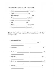 English Worksheet: can can�t