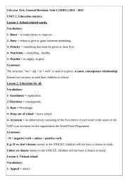 English worksheet: 4th year General revision Unit 2 