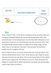 English Worksheet: Test 6th form end of term 3 (tunisian)