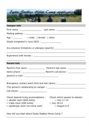 English Worksheet: Complete an application - Horse camp