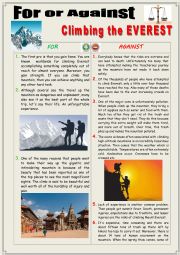 English Worksheet: For or against CLIMBING THE EVEREST (Debating)
