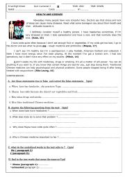 English Worksheet: reading comprehension quiz about health , how to keep fit 