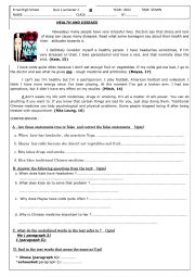 English Worksheet: reading comprehension quiz about health , how to keep fit 