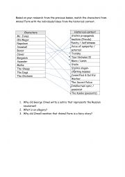 English Worksheet: Animal Farm Novel Character Matching Worksheet