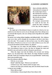 English Worksheet: A Good Lesson, a short story to read in class