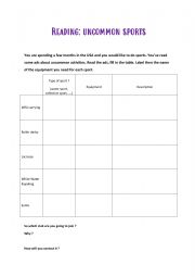 English Worksheet: Uncommun sport Reading activity