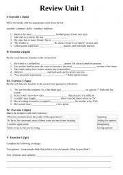 English Worksheet: Review unit 1 the youth