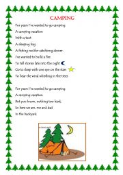 English Worksheet: CAMPING VACATION POEM 