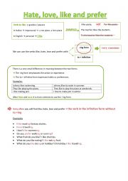 English Worksheet: Hate, love, like, prefer + ing form