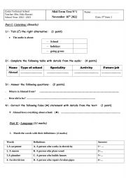English Worksheet: 9th form mid term test n1 technical school