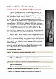 Reading comprehension and writing worksheet about  Music 