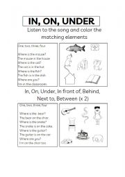 English Worksheet: In on under - song lyrics and excercise