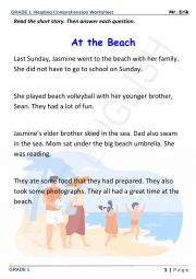 English Worksheet: reading comprehesion grade 1 