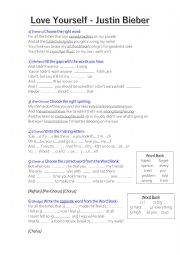 English Worksheet: Love Yourself - Justin Bieber - Listening Exercise