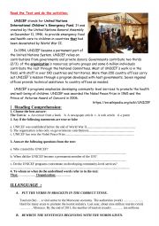 English Worksheet: READING (UNICEF ORGANIZATION ) , LANGUAGE AND WRITING WORKSHEET