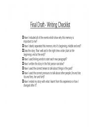 English Worksheet: Personal Narrative Final Draft Checklist