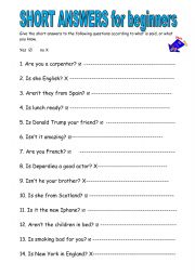 English Worksheet: Short answers with TO BE for beginners