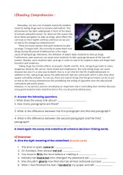 English Worksheet: Reading comprehension(about drugs) / language and writing activity worksheet 