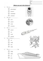 English Worksheet: Where are we in the universe?