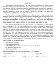 English Worksheet: Greedy Boy // Story + Reading Comprehension Tasks