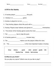 English Worksheet: Hockey Activities