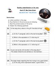 English Worksheet: Reading comprehension on the song Good Ol Man by Drew Green