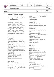 English Worksheet: THRILLER MJ WORKSHEET