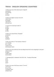 English Worksheet: TRIVIA - ENGLISH SPEAKING COUNTRIES - 54 QUESTIONS