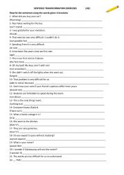 English Worksheet: Sentence Transformation (Rewrite) Exercises