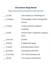 English Worksheet: 10 Common Slang Words