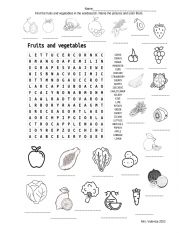 Fruits and Vegetables wordsearch with answer key 