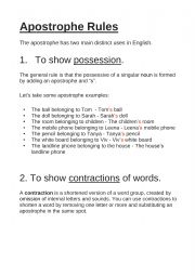 English Worksheet: Apostrophe Rules and Worksheet