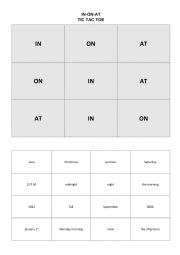 English Worksheet: In - On - At Tic-tac-toe game