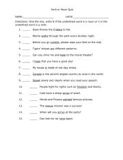 English Worksheet: Verb or Noun Quiz