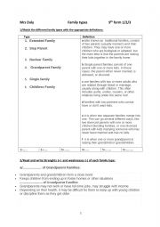 English Worksheet: 9th form Tunisian school  Module one .Family life: Lesson one: Family types