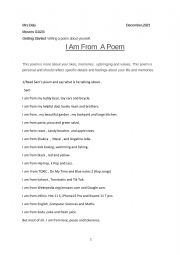 English Worksheet: Ice- braker: I Am From A Poem 
