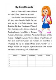 English Worksheet: My School Subjects