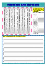 English Worksheet: Prefixes and Suffixes Wordsearch (with answers)