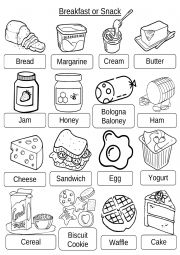 English Worksheet: Breakfast or Snack (Food Pictionary)