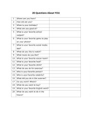 English Worksheet: 20 Questions About You