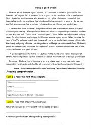 English Worksheet: Citizenship Reading Text