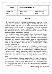 English Worksheet: reading comprehension about blood donation
