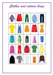 English Worksheet: Clothes and Colours Series for beginners - Bingo