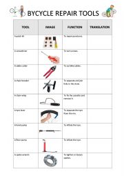 English Worksheet: Bicycle Repair Tool Pictionary