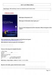 English Worksheet: unit 4 movies