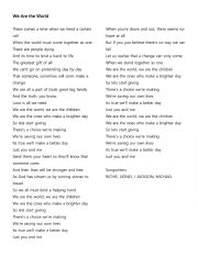 English Worksheet: We are the World Song - Lesson Worksheet 