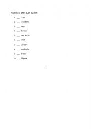 English Worksheet: TEST CHOOSE BEWTEEN A,AN or nothing